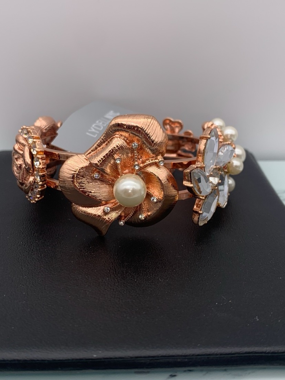 NWT Lydell NYC Rose Gold tone Floral faux Pearl hinged clamper cuff Bracelet